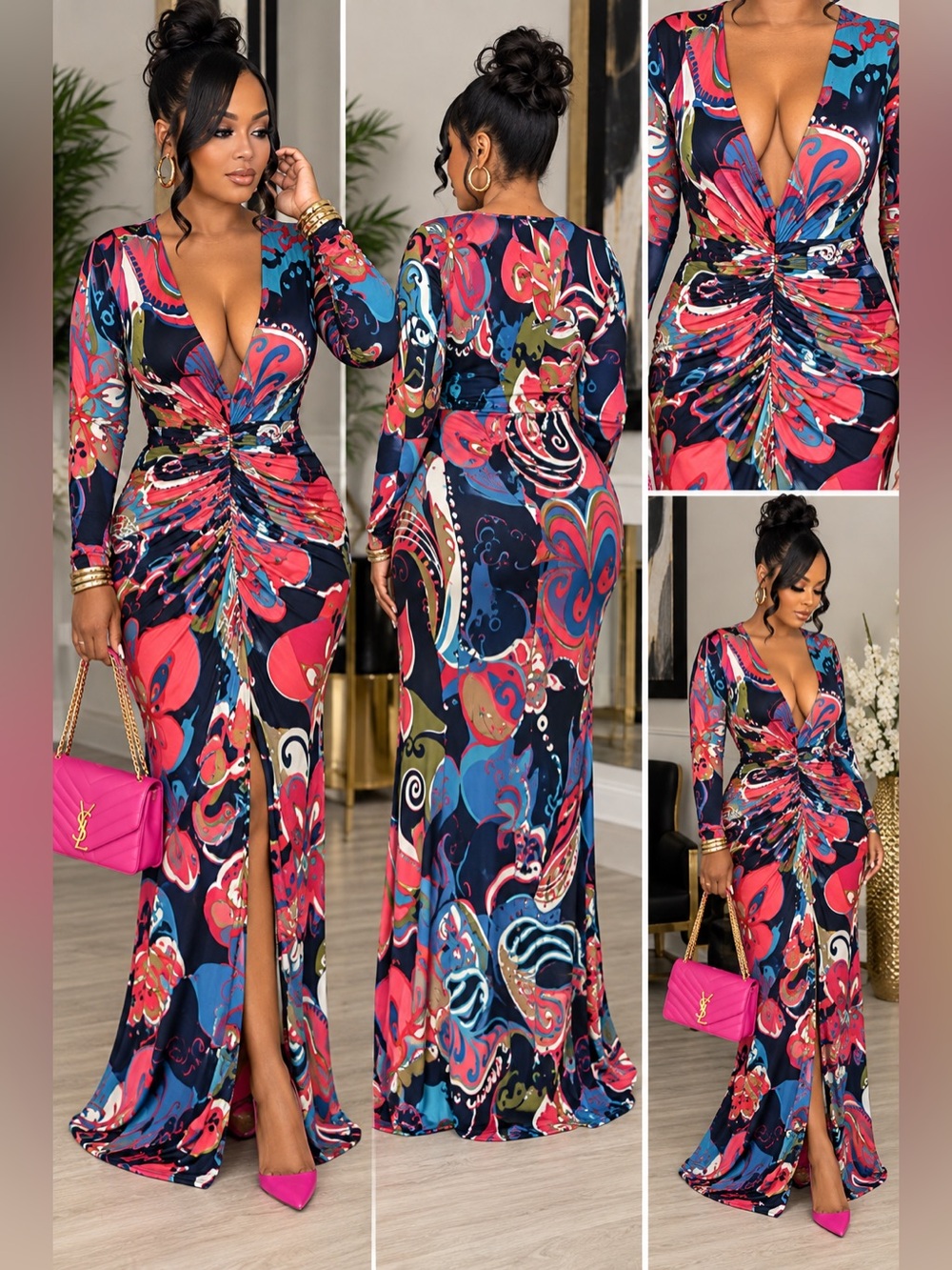 Women's Multicolor Ruched V-Neck Maxi Dress